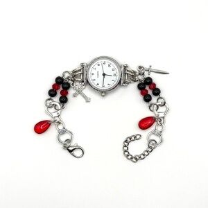 Black & Red Punk Emo Goth Beaded Charm Watch Bracelet w/ Lobster Claw Closure